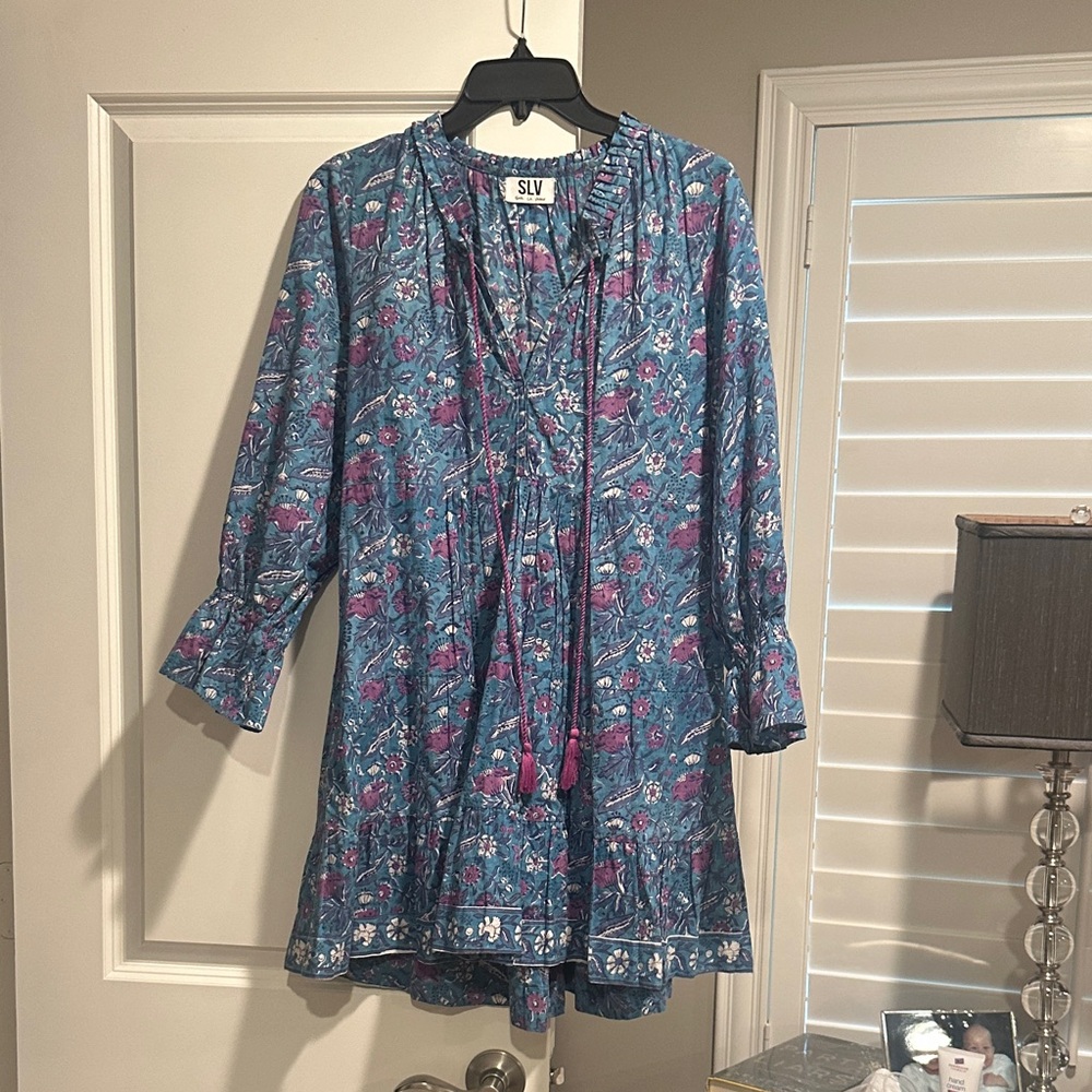 SLV Blue Floral Tassel V-Neck Mini Dress